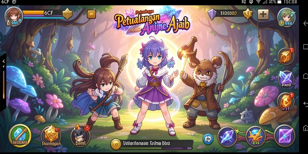Screenshot gameplay dari 6CF menampilkan karakter anime yang epik.