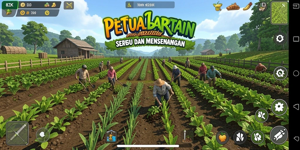 Tampilan gameplay 8ZK dengan pertanian yang indah dan interaksi seru.