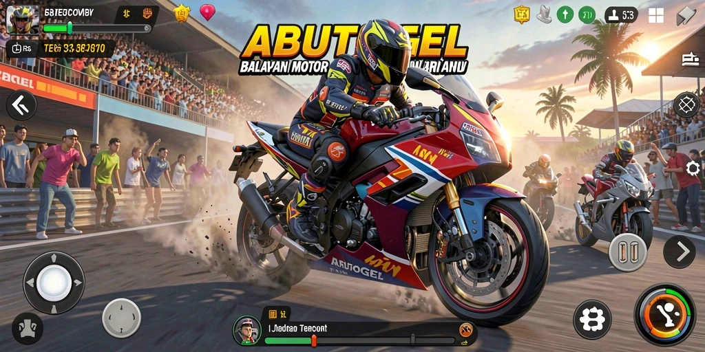 Screenshot menampilkan aksi balapan seru di ABUTOGEL dengan motor tercepat.