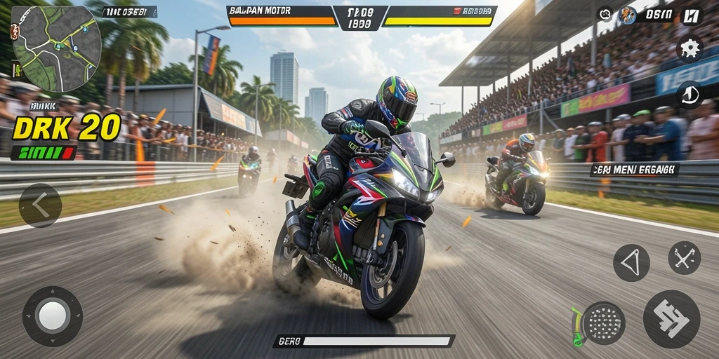 Screenshot gameplay DKK menunjukkan aksi balapan motor yang mendebarkan.
