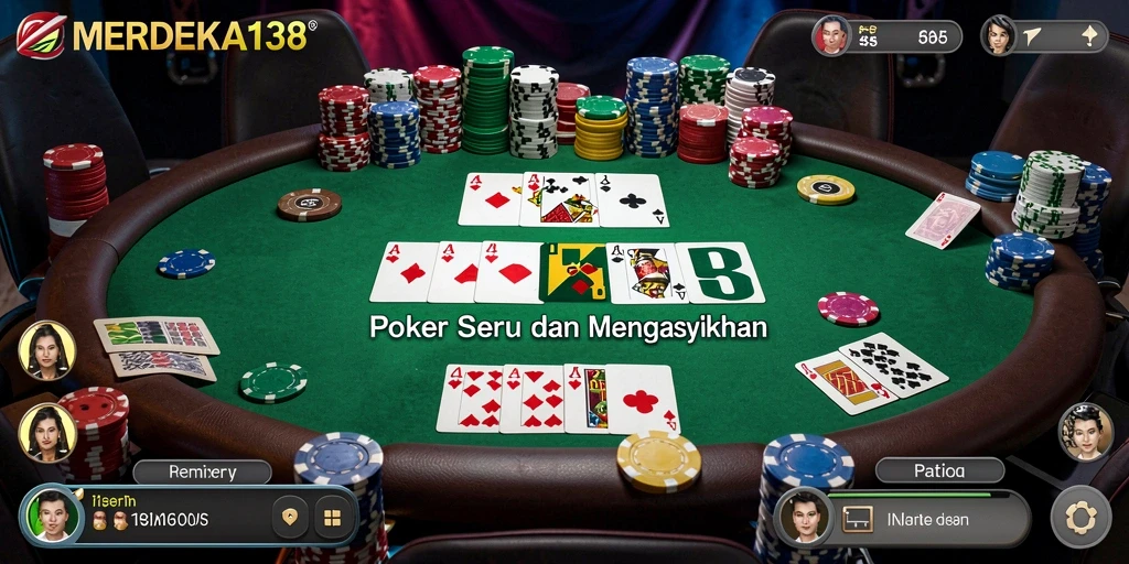 Screenshot gameplay Poker dalam aplikasi MERDEKA138 yang menampilkan suasana permainan yang seru.