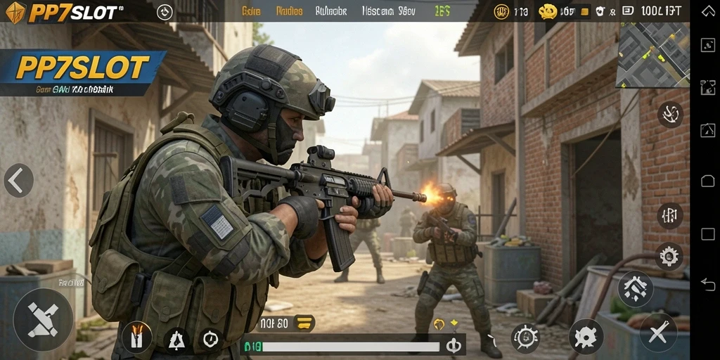 Screenshot gameplay PP7SLOT dengan aksi menembak yang intens.