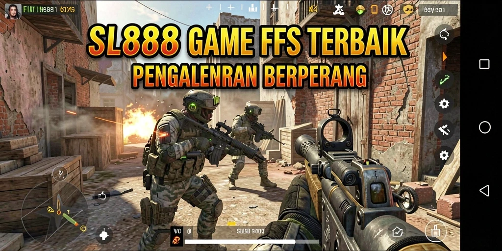 Screenshot SL888 menunjukkan aksi tembak-menembak intens di medan perang.